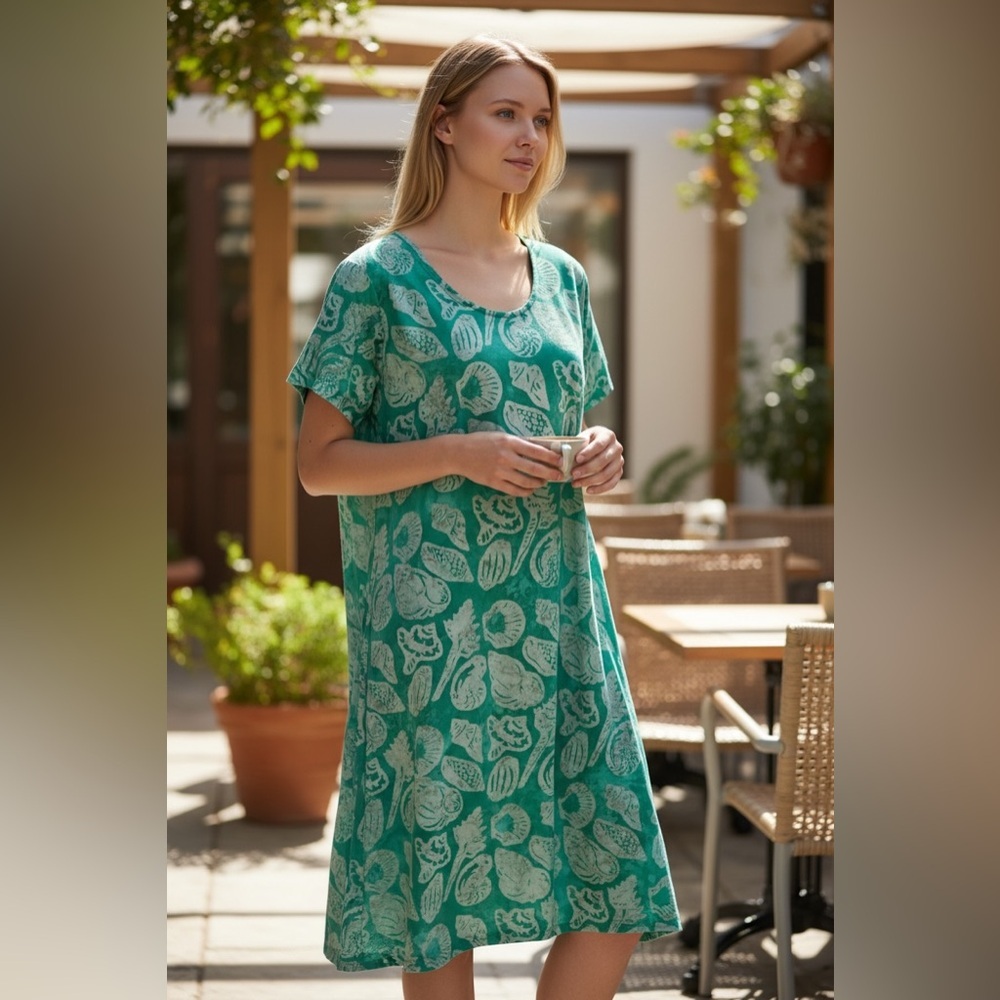 Rum Reggae Green Seashell Print Cotton Shift Dress Small NWT Beach